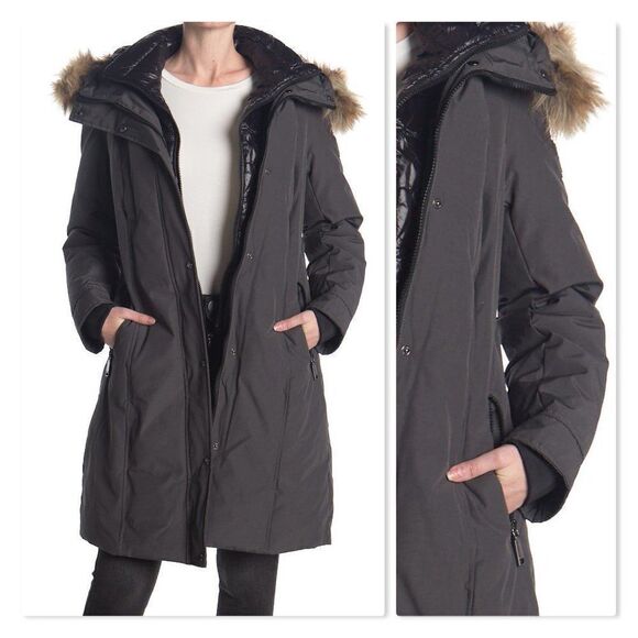 Nine West Removable Faux Fur Trimmed Hooded Parka size XS in Charcoal- NEW - Picture 1 of 13